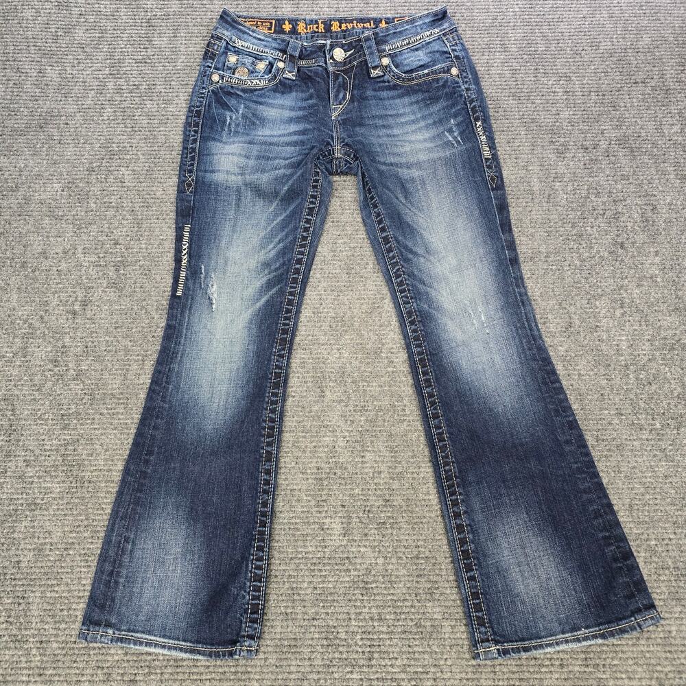 Rock Revival Celine Jeans Womens 27x29 Bootcut Blue Thick Stitch Bling